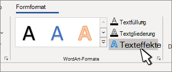 Schaltfläche 'WordArt-Formatvorlagen' 'Texteffekte' hervorgehoben