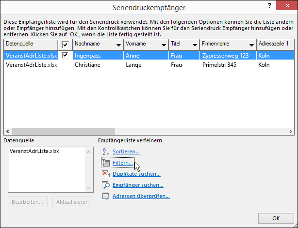 Im Rahmen des Word-Seriendrucks die Ergebnisse der Anwendung eines Filters auf eine Empfängerliste.