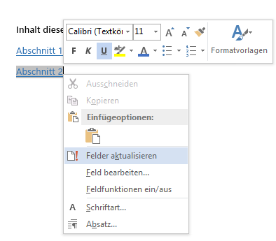 Das Kontextmenü für eine Textmarkenreferenz