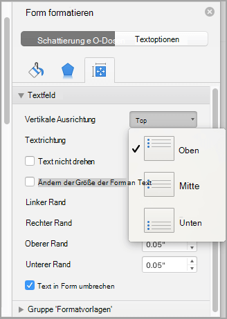 Screenshot: Auswählen der Ausrichtung