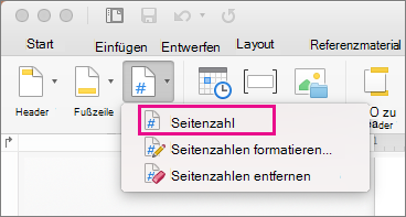 Klicken Sie auf der Registerkarte Kopfzeile & Fußzeile im Menü Seitenzahl auf Seitenzahl, um eine Seitenzahl hinzuzufügen.