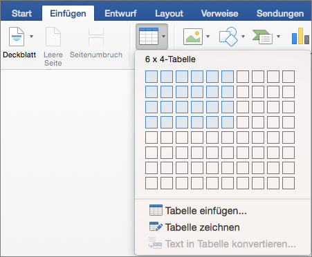 Auswählen der Anzahl von Zeilen und Spalten zum schnellen Einfügen einer Tabelle