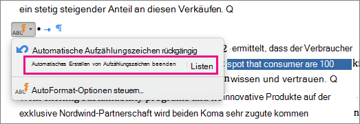 Die Option zum automatischen Erstellen von Aufzählungen ist hervorgehoben.