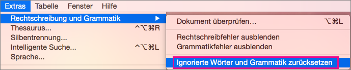 Zum Leeren der Liste mit Wörtern und Grammatik, die Word ignorieren soll, klicken Sie auf 