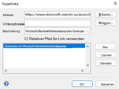 Das Dialogfeld Hyperlinks in Visio für Windows.