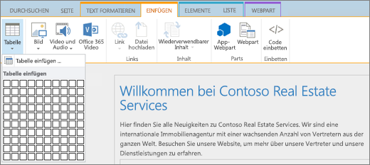 Screenshot: SharePoint Online-Menüband Wählen Sie die Registerkarte Einfügen und dann Tabelle einfügen aus, um die Anzahl der Zeilen und Spalten für eine neue Tabelle anzugeben.