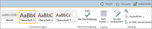 Screenshot eines Teils des SharePoint Online-Menübands mit den Steuerelementen 