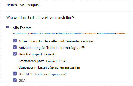 Dialogfeld zum Auswählen der QA-Option für das Teams-Liveereignis beim Planen eines Ereignisses.