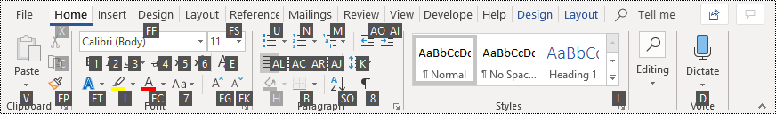 Zugriffstasteninfos im Menüband in Word 365
