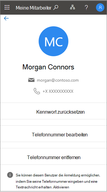 Meldung bei unterstützter Anmeldung per Telefonnummer an einem Standort in „Meine Mitarbeiter“