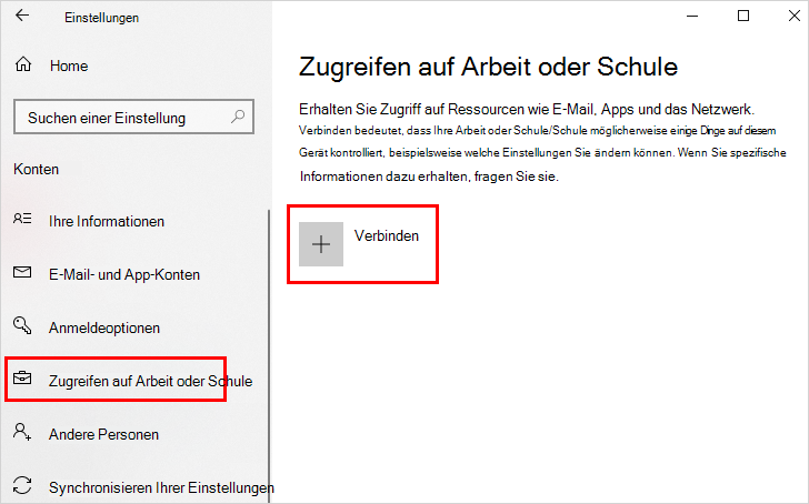 Links „Auf Arbeits- oder Schulkonto zugreifen“ und „Verbinden“