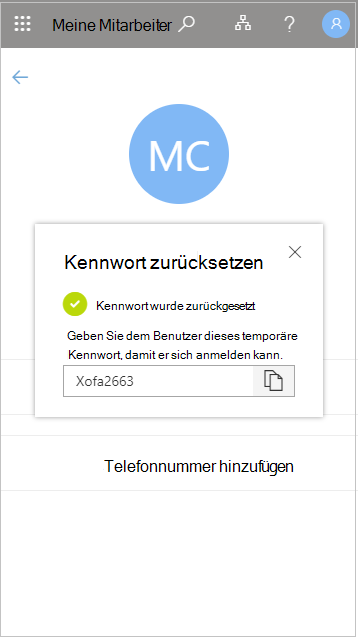 Kopieren des temporären Benutzerkennworts nach einer Zurücksetzung in „Meine Mitarbeiter“