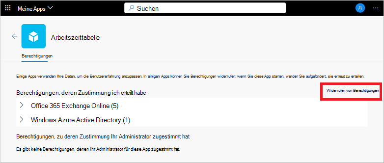 Widerrufen von Berechtigungen für eine Anwendung im Portal „Meine Apps“