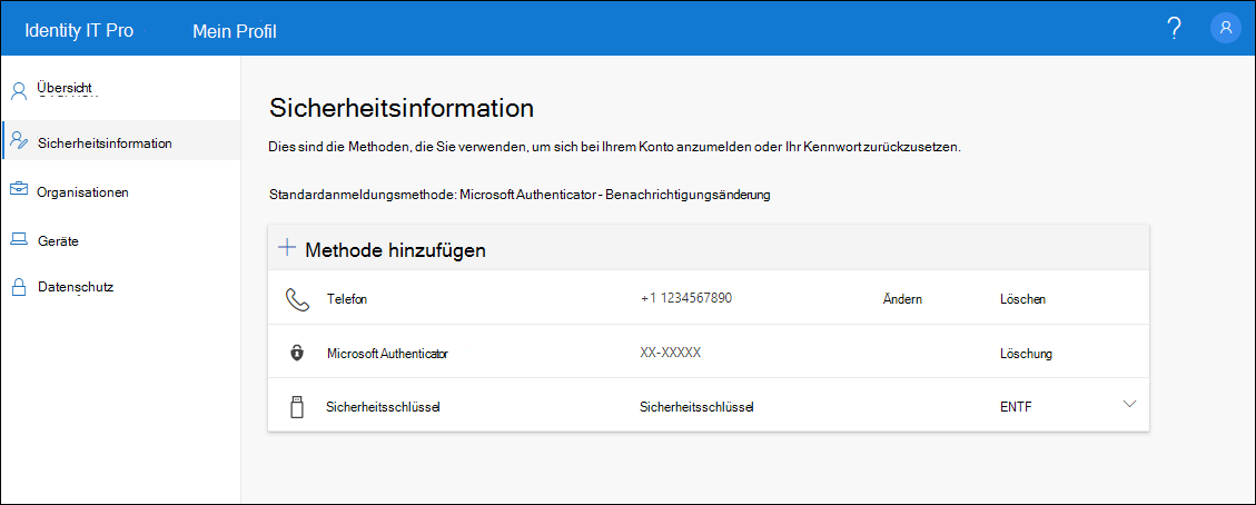 Sicherheitsinfoseite mit allen registrierten Methoden