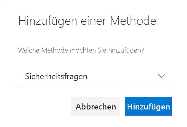 Feld „Methode hinzufügen“ mit ausgewählten Sicherheitsfragen