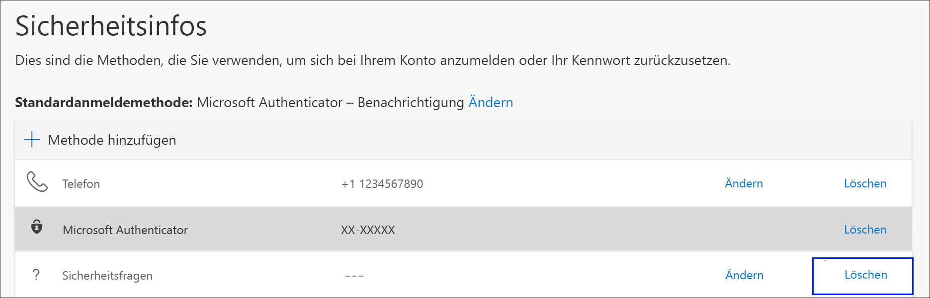 Link zum Löschen der E-Mail-Methode aus den Sicherheitsinformationen