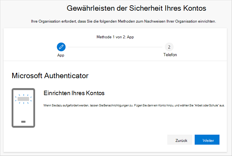 Assistent zum Schützen des Kontos mit der Seite „Einrichten Ihres Kontos“ des Authentifikators