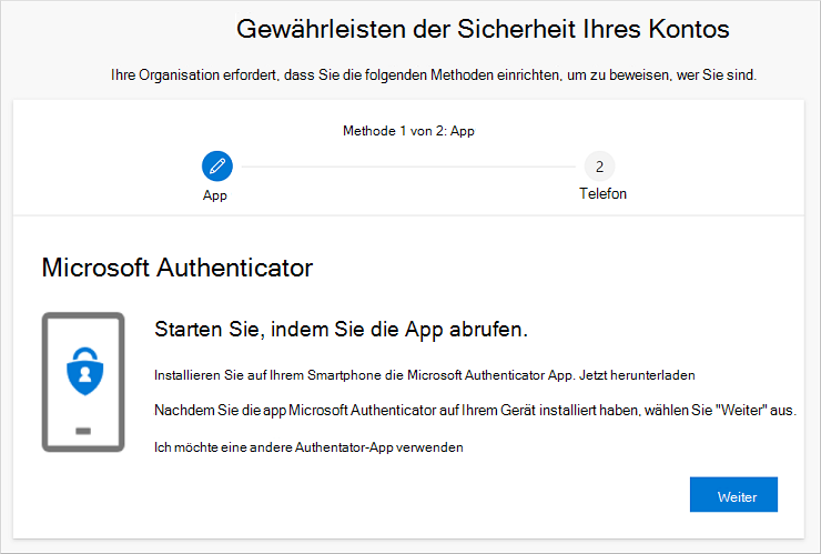 Assistent zum Schützen Ihres Kontos, der die Downloadseite der Authenticator-App anzeigt