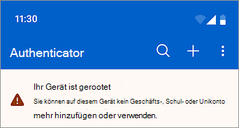 Screenshot, der ein Geschäfts-, Schul- oder Unikonto zeigt, das auf einem Android-Gerät mit Rootzugriff in Microsoft Authenticator blockiert ist.