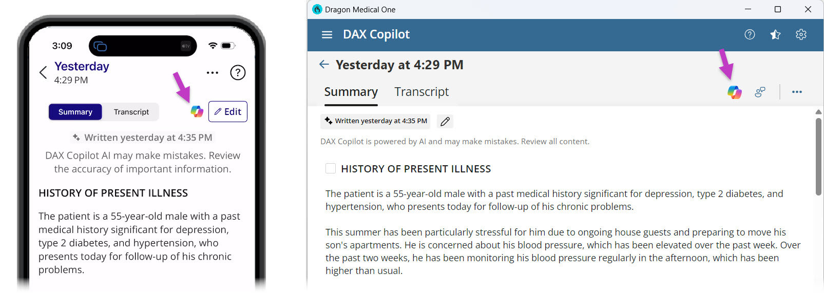 Image highlights copilot menu in both mobile and desktop application