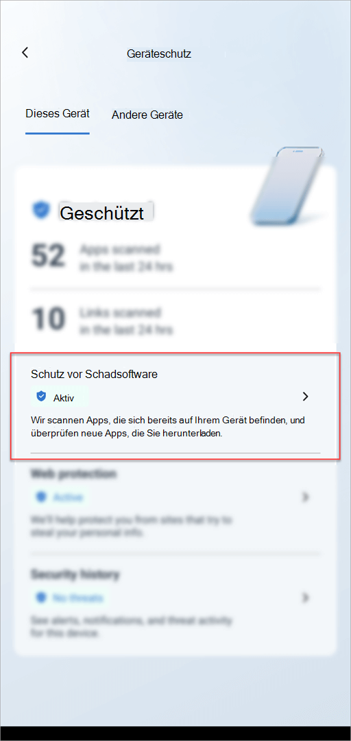 Der Geräteschutz Karte in Microsoft Defender unter Android mit hervorgehobenem Abschnitt zum Schutz vor Schadsoftware.
