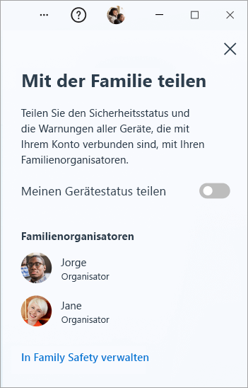 Der Bereich „Familienfreigabe“ in Microsoft Defender unter Windows.