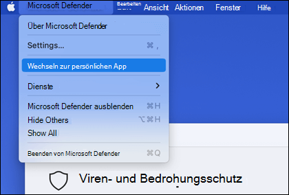 Das Microsoft Defender Menü geöffnet, in dem Die Option Zur persönlichen App wechseln angezeigt wird.