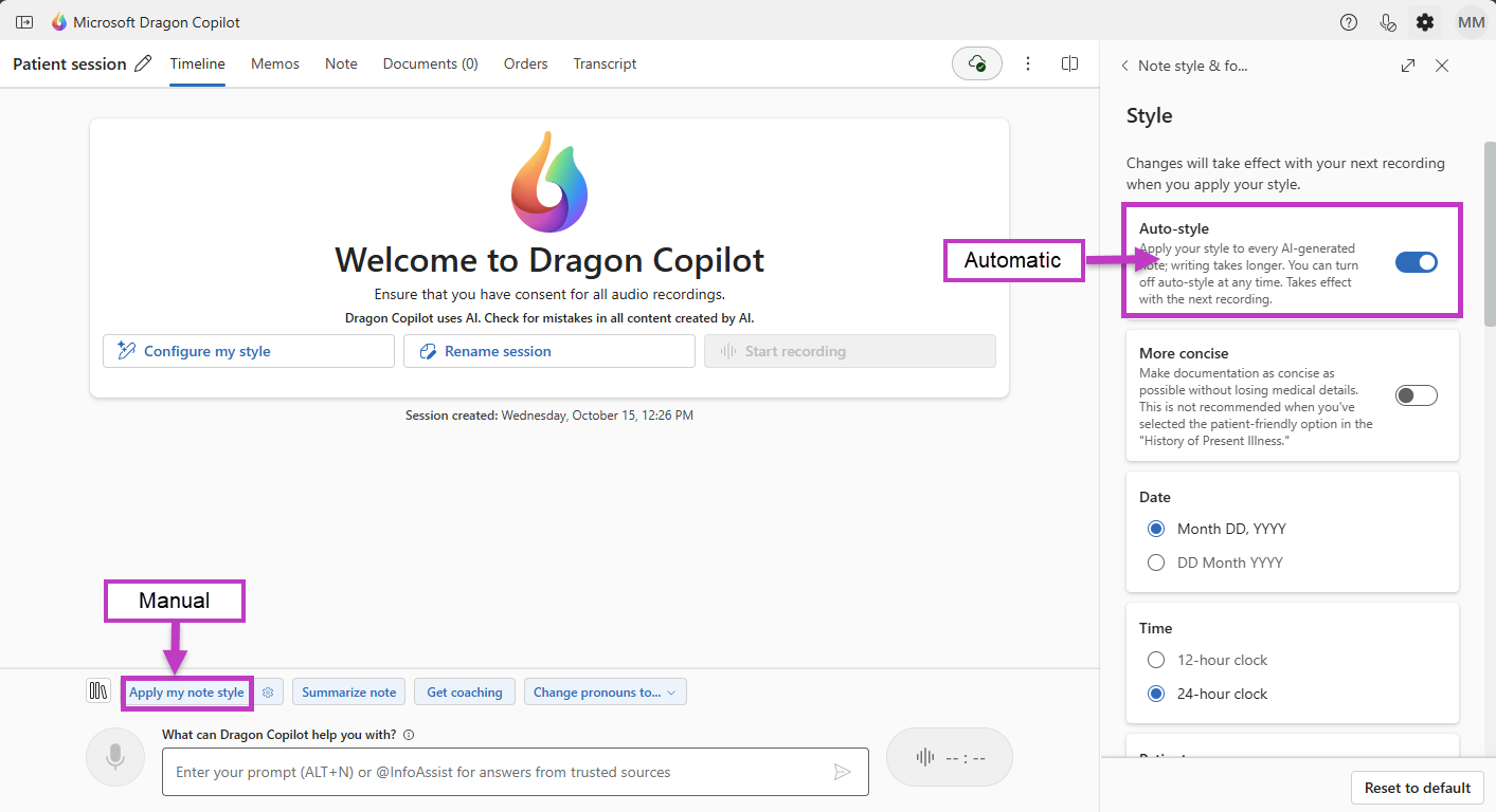 Die Schaltfläche „Meinen Notizstil anwenden“ ist hervorgehoben (um den Stil manuell anzuwenden) und die Umschaltfläche „Automatischer Stil“ ist hervorgehoben (um die Stilauswahl automatisch anzuwenden).