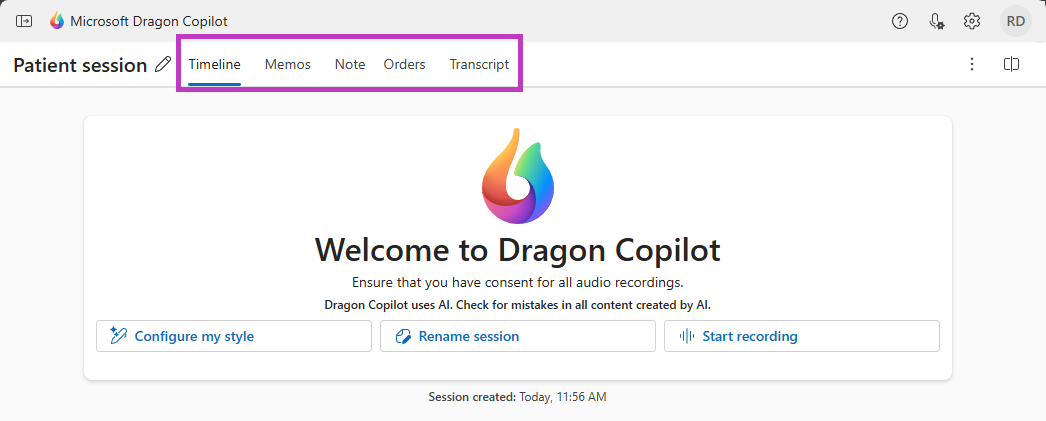 Oberer Teil des Dragon Copilot-Bildschirms mit hervorgehobenen Sitzungsregisterkarten