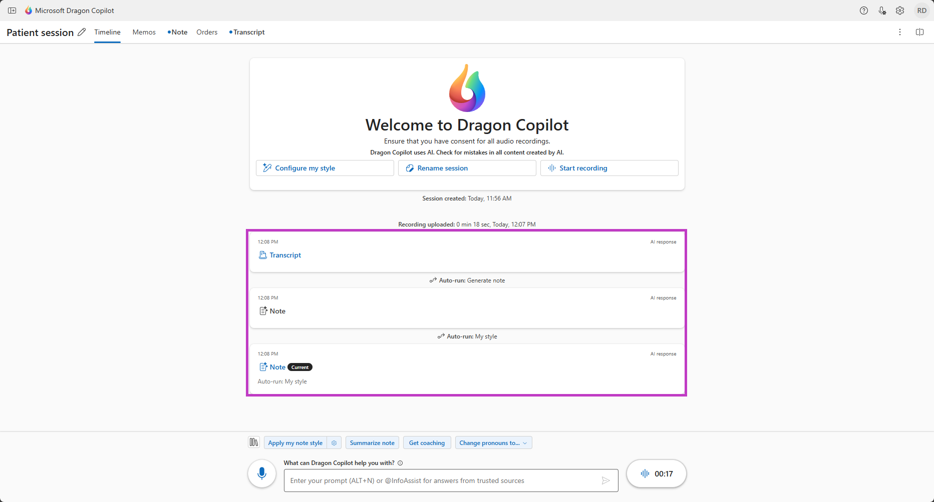 Zeitachsenbildschirm mit hervorgehobenen Zeitkarten.