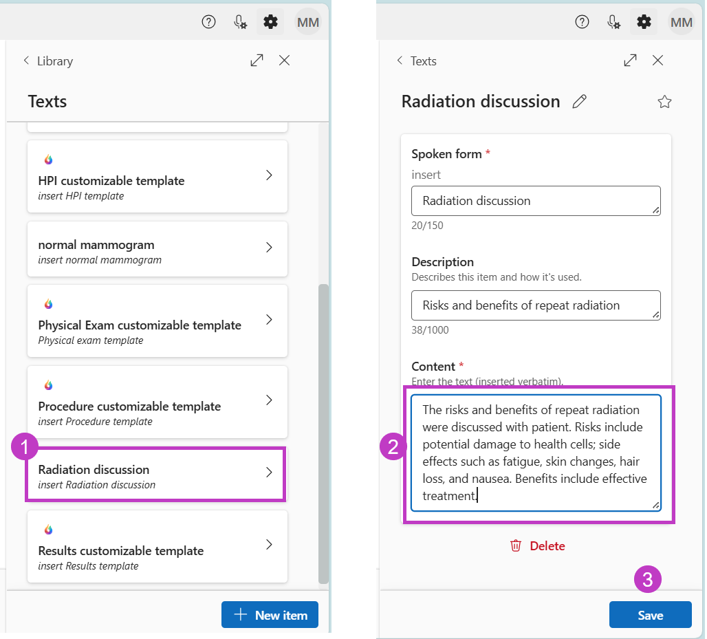 Bearbeiten eines Textes in der Bibliothek, die Schritte 1-3 sind ausgewiesen.