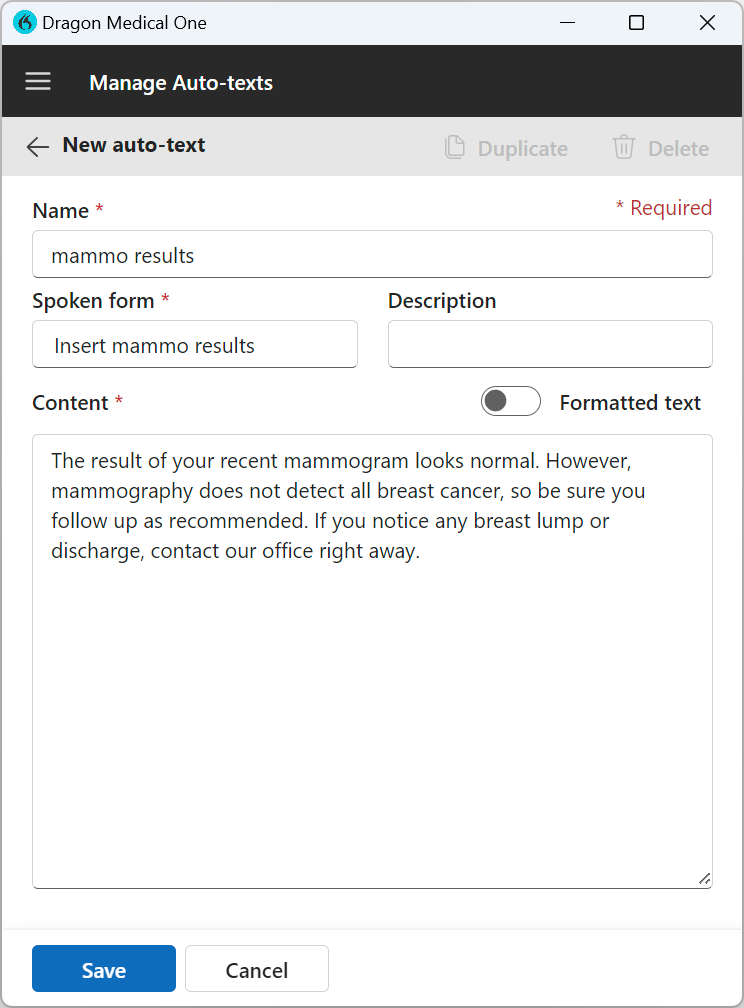 Fenster „Auto-Texte verwalten“ mit neuem Auto-Text