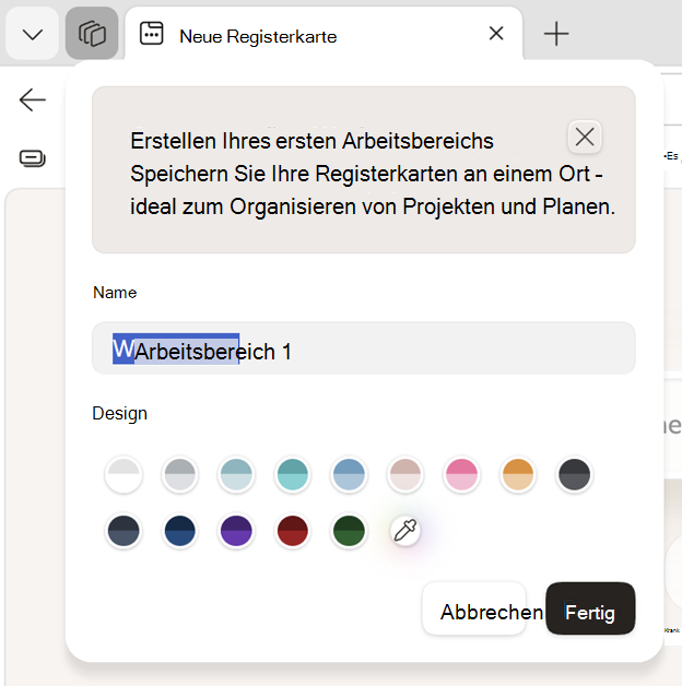 Screenshot der Angabe eines Namens für den Arbeitsbereich.