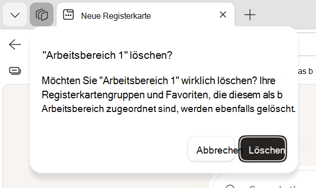 Screenshot: Bestätigung des Löschens eines Arbeitsbereichs.