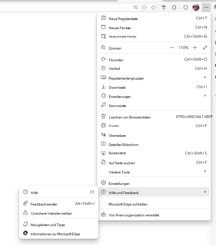 Screenshot: Hilfe und Feedback in Edge
