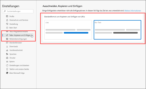 Einstellungen für Freigeben, Kopieren & Einfügen