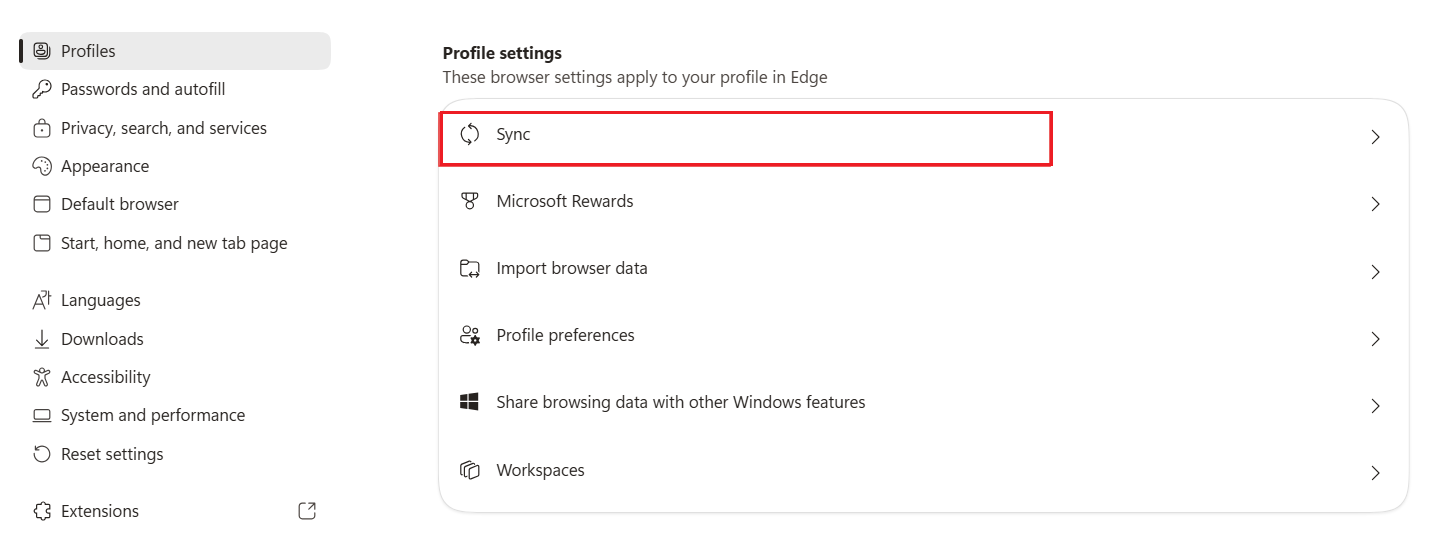 Screenshot der Synchronisierungseinstellungen in Edge.