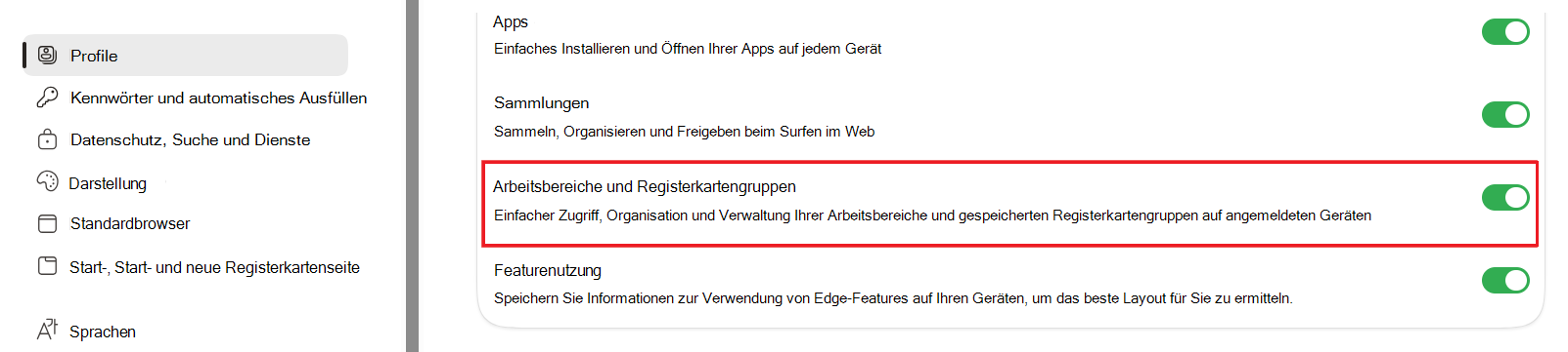 Screenshot: Arbeitsbereiche und Registerkartengruppen in den Edgeeinstellungen.
