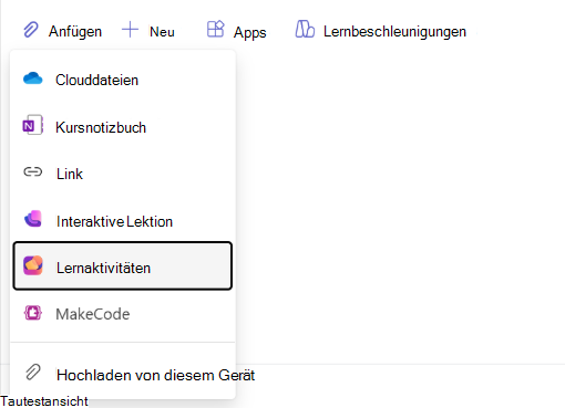 Screenshot der Navigation für Lernaktivitäten.