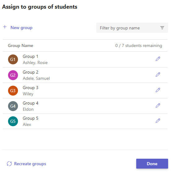 Screenshot der erstellten Gruppen.