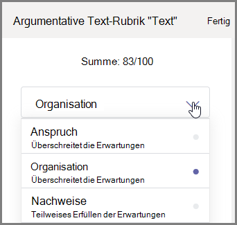 Wählen Sie den Abschnitt der Aufgabe des Kursteilnehmers aus, den Sie benoten möchten