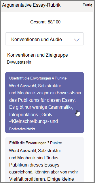 Wählen Sie die Note aus, die Sie für den ausgewählten Abschnitt zuweisen möchten, und geben Sie unten Feedback ein.