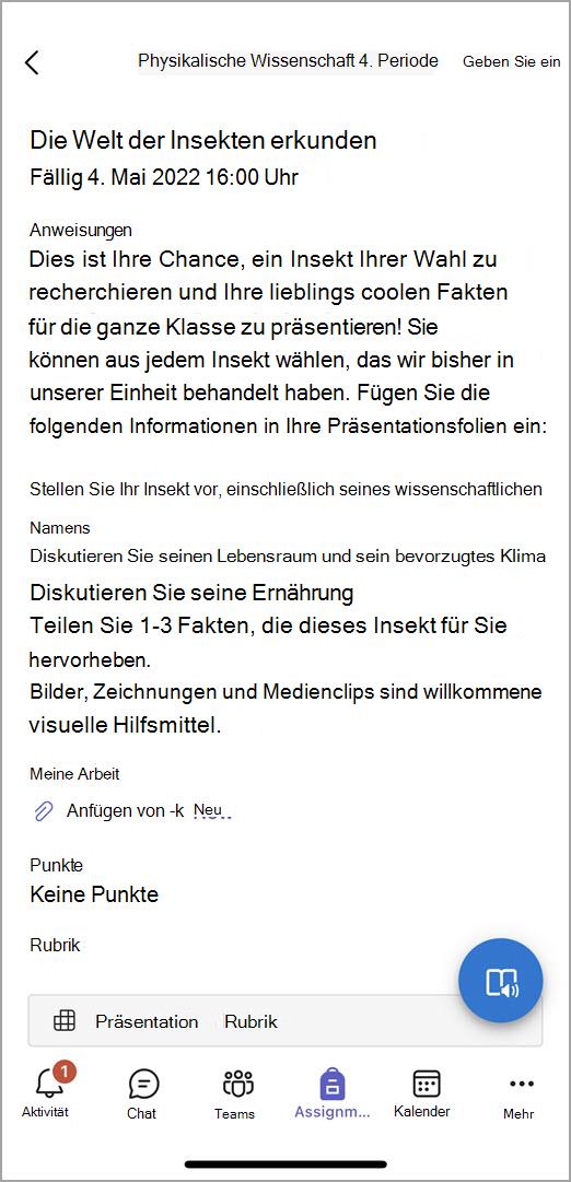 Screenshot dessen, was Kursteilnehmer sehen, wenn sie Aufgaben in mobilen Teams übermitteln.