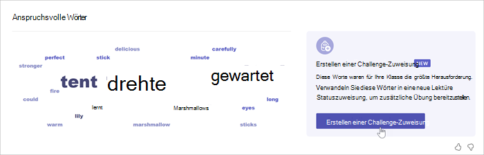 Screenshot, der eine Wortwolke zeigt, welche Wörter Schüler am meisten falsch gelesen haben. Je länger das Wort ist, desto häufiger haben Schüler diesen Fehler gemacht. Ein Mauszeiger zeigt auf das auffällige Wort, und ein Popup zeigt, dass das Wort 52-mal ausgelassen wurde.