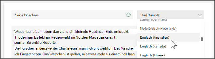 Screenshot mit der Dropdownliste zum Auswählen einer Sprache