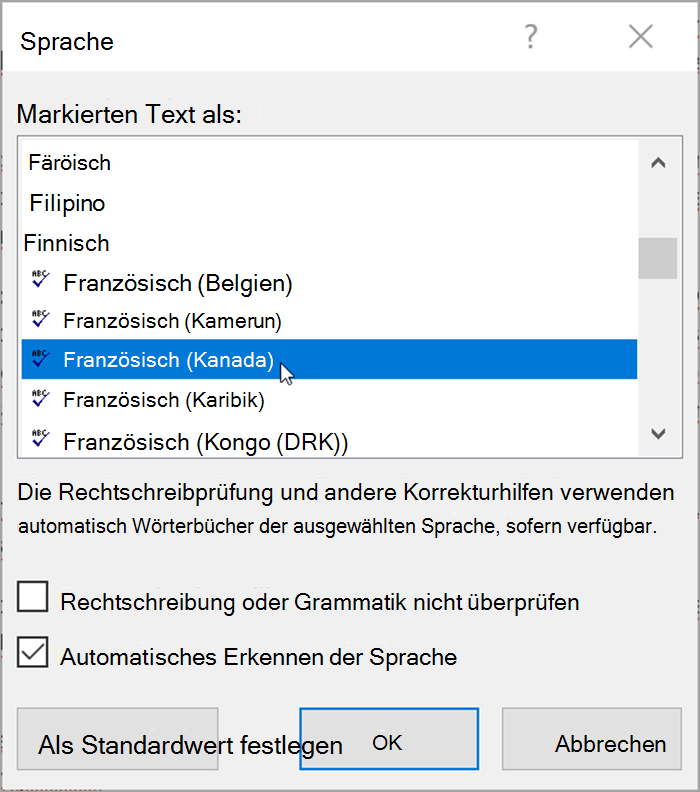 Screenshot aus Word. Popup Listen Sprachen, die ausgewählt werden können. 