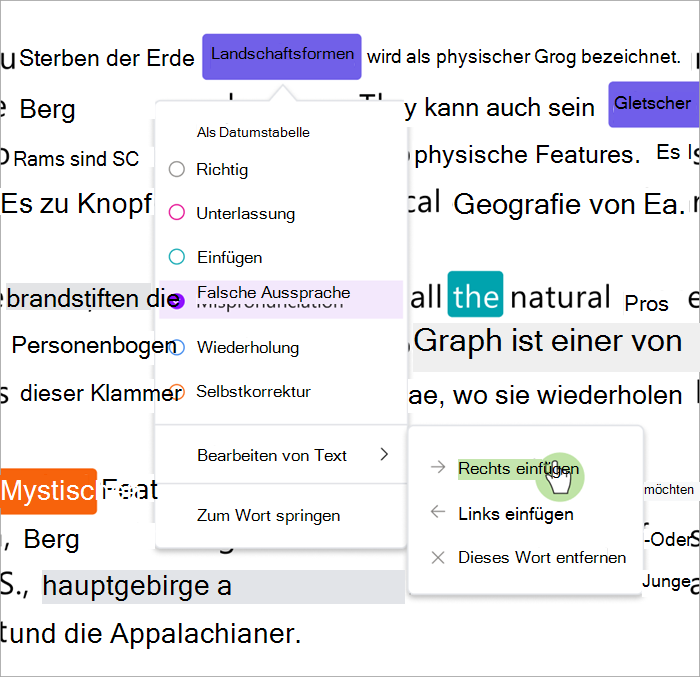 Screenshot des Überprüfungsbereichs in Lesefortschritt, der zeigt, wie Wörter rechts oder links von einem ausgewählten Wort eingefügt