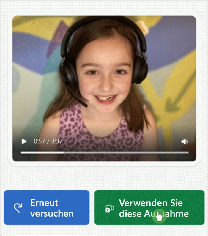 Screenshot der Kursteilnehmeransicht in Lesefortschritt, ein weißes Mädchen mit ein paar fehlenden Zähnen lächelt in die Kamera, und Schaltflächen unterhalb der Schrift Versuchen Sie es erneut, und verwenden Sie diese Aufzeichnung