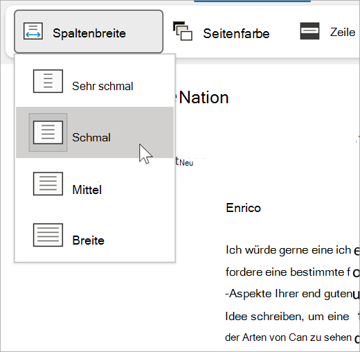 Screenshot der Dropdownliste „Spaltenbreite“ für den plastischen Reader, wobei die Optionen sind „sehr schmal“, „schmal“, „mittel“ und „breit“ sind