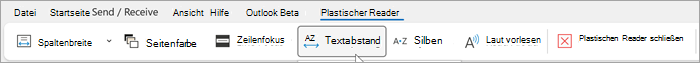 Screenshot des Menübands des plastischen Readers in Outlook Desktop. Die Optionen von links nach rechts sind Spaltenbreite, Seitenfarbe, Zeilenfokus, Textabstand, Silben, laut vorlesen, plastischen Reader schließen